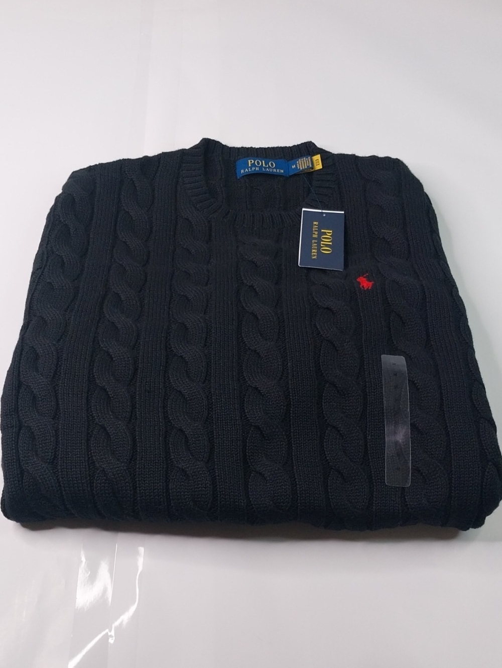 Polo by Ralph Lauren Black Cable Knit Crewneck Sweater with Red Pony